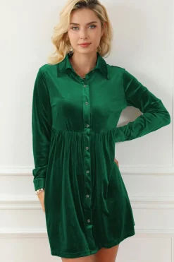 Outlet Dear-Lover Long Sleeve Ruffle Velvet Button Up Dress Green