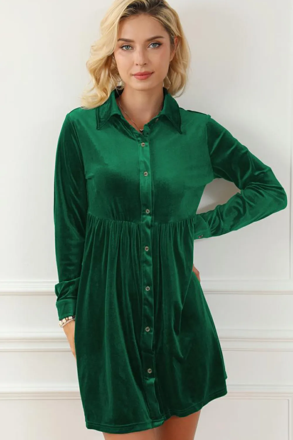 Outlet Dear-Lover Long Sleeve Ruffle Velvet Button Up Dress Green