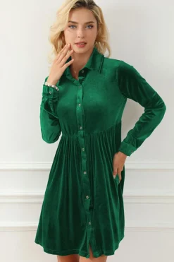 Outlet Dear-Lover Long Sleeve Ruffle Velvet Button Up Dress Green