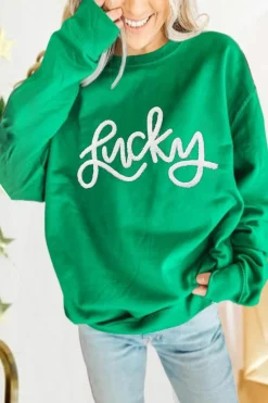 Online Dear-Lover LUCKY Aphabet Chenille Embroidered Pullover Sweatshirt Green