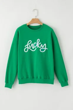 Online Dear-Lover LUCKY Aphabet Chenille Embroidered Pullover Sweatshirt Green
