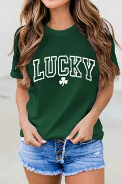 Online Dear-Lover LUCKY Clover Puff Print Round Neck Casual T Shirt Green