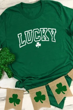 Online Dear-Lover LUCKY Clover Puff Print Round Neck Casual T Shirt Green