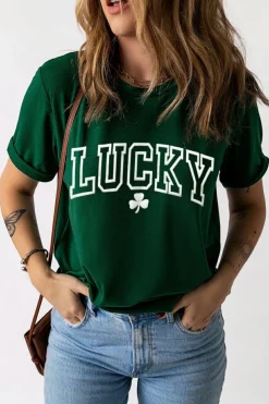 Online Dear-Lover LUCKY Clover Puff Print Round Neck Casual T Shirt Green