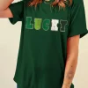 Online Dear-Lover LUCKY Glitter Chenille Patched Crew Neck T Shirt Green