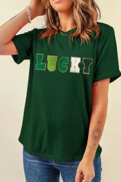 Online Dear-Lover LUCKY Glitter Chenille Patched Crew Neck T Shirt Green