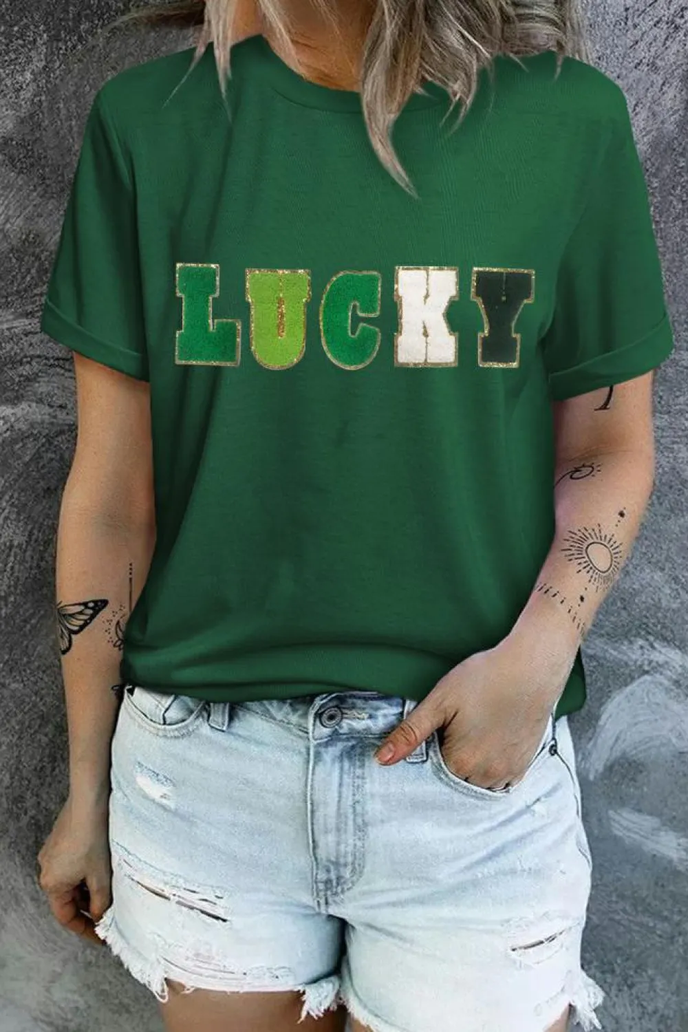 Online Dear-Lover LUCKY Glitter Chenille Patched Crew Neck T Shirt Green
