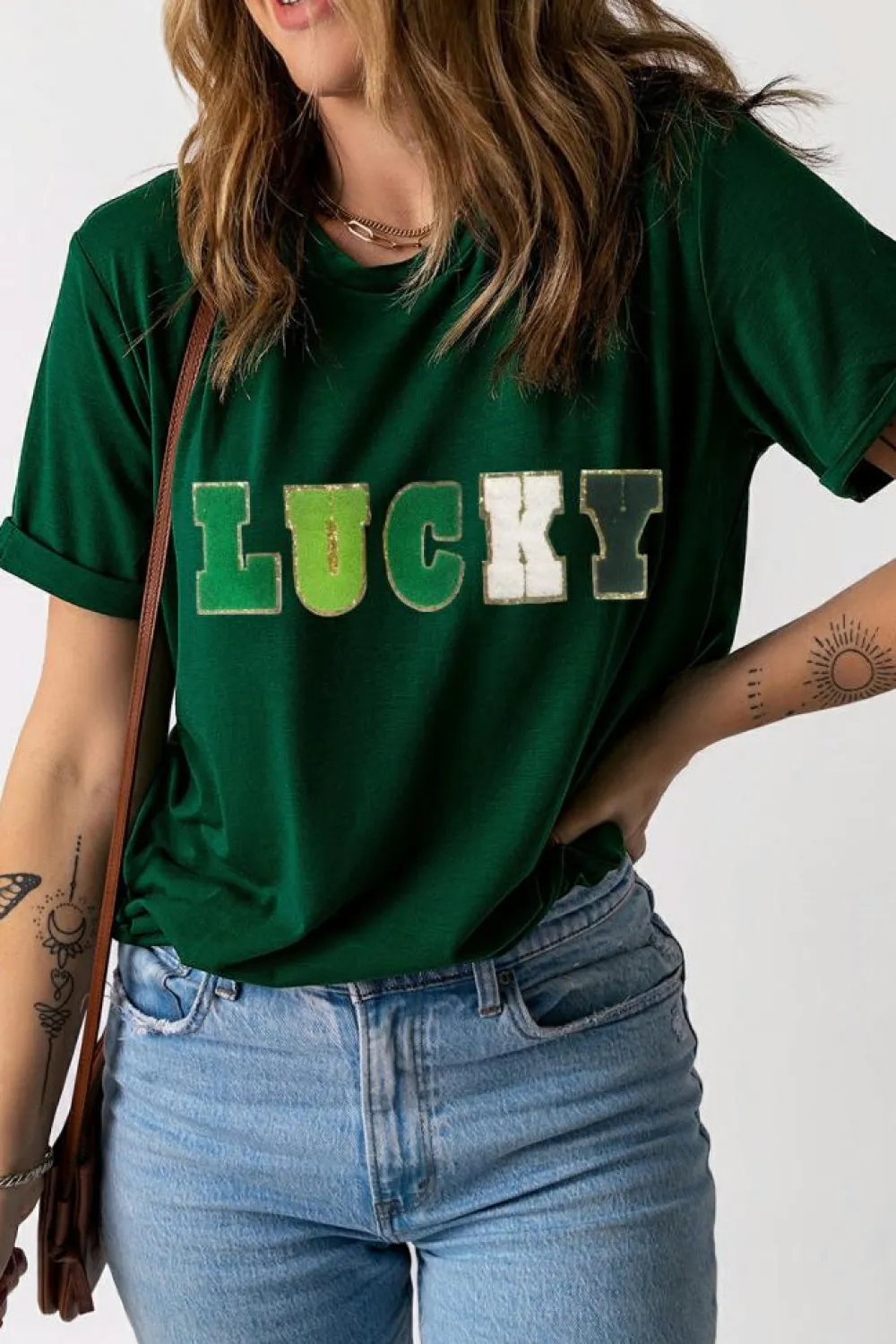 Online Dear-Lover LUCKY Glitter Chenille Patched Crew Neck T Shirt Green