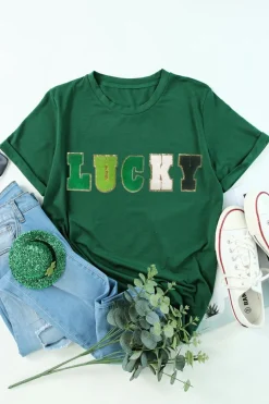 Online Dear-Lover LUCKY Glitter Chenille Patched Crew Neck T Shirt Green