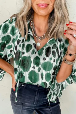 Clearance Dear-Lover Metallic Threading Accents Pleated Abstract Printed Ruffled 3/4 Sleeve Blouse Green