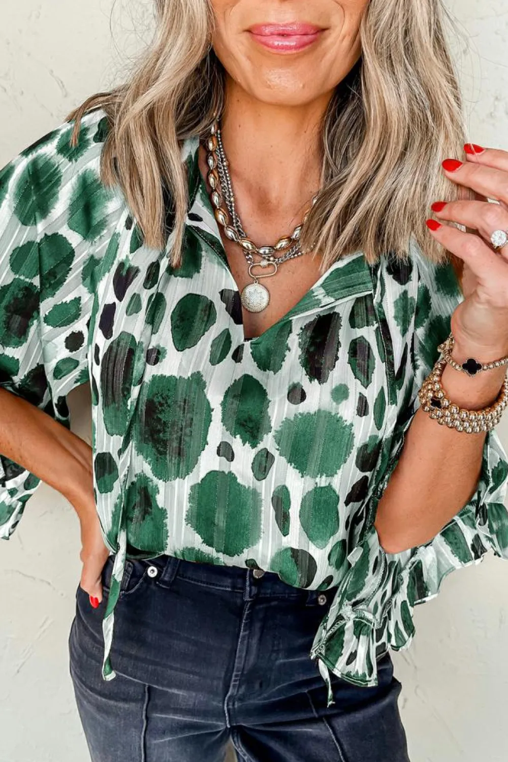 Clearance Dear-Lover Metallic Threading Accents Pleated Abstract Printed Ruffled 3/4 Sleeve Blouse Green