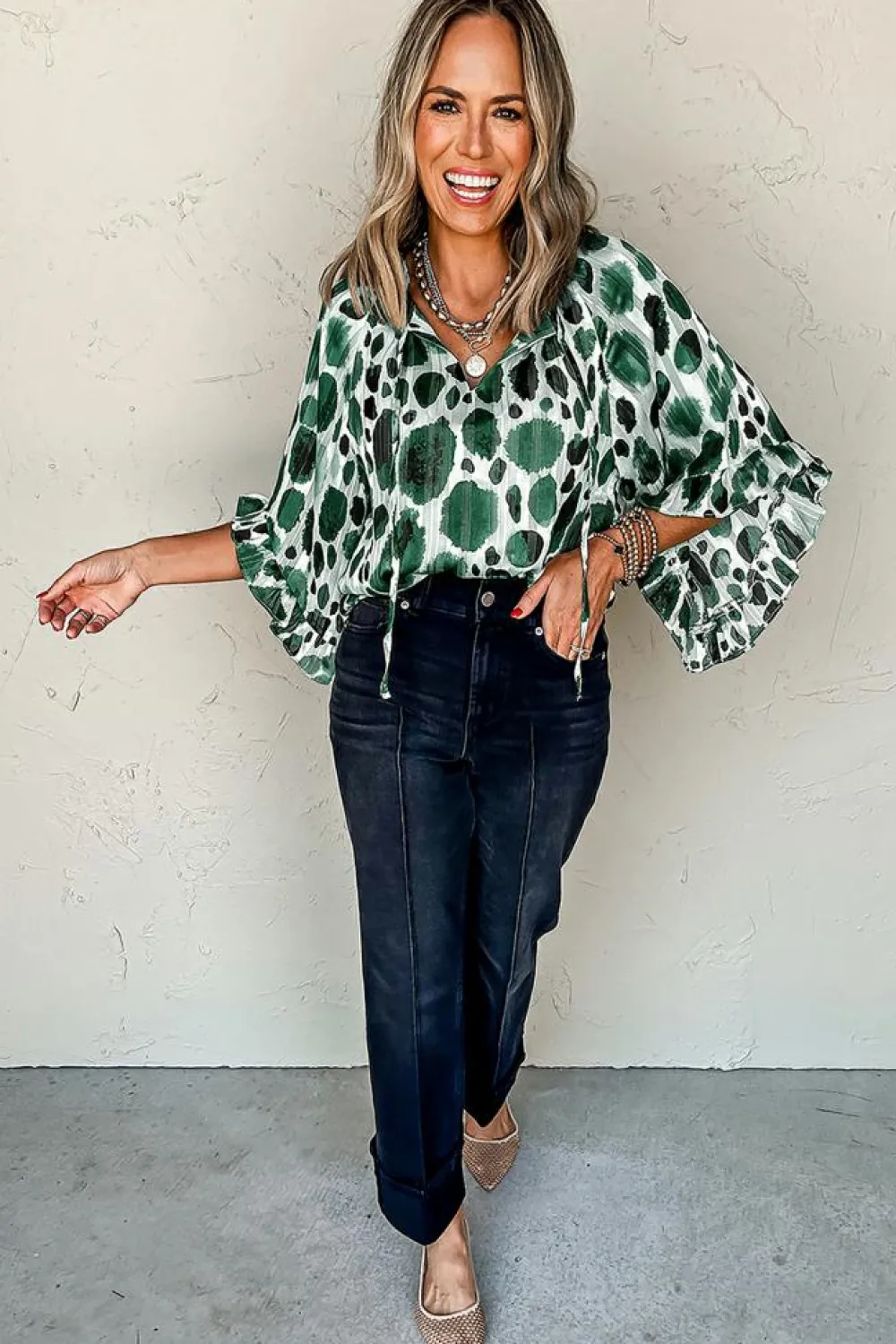 Clearance Dear-Lover Metallic Threading Accents Pleated Abstract Printed Ruffled 3/4 Sleeve Blouse Green