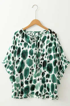 Clearance Dear-Lover Metallic Threading Accents Pleated Abstract Printed Ruffled 3/4 Sleeve Blouse Green