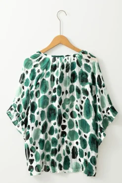 Clearance Dear-Lover Metallic Threading Accents Pleated Abstract Printed Ruffled 3/4 Sleeve Blouse Green