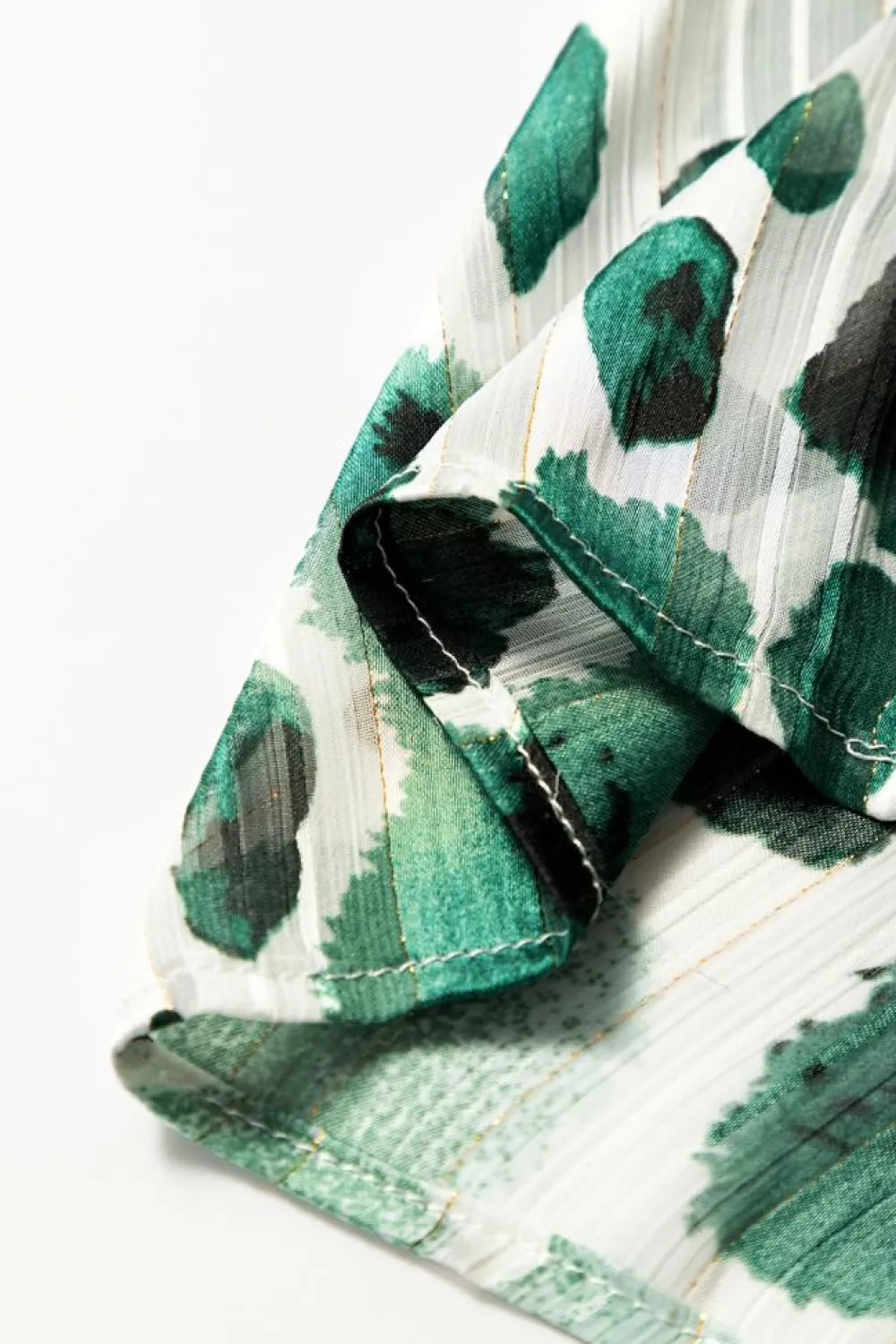 Clearance Dear-Lover Metallic Threading Accents Pleated Abstract Printed Ruffled 3/4 Sleeve Blouse Green