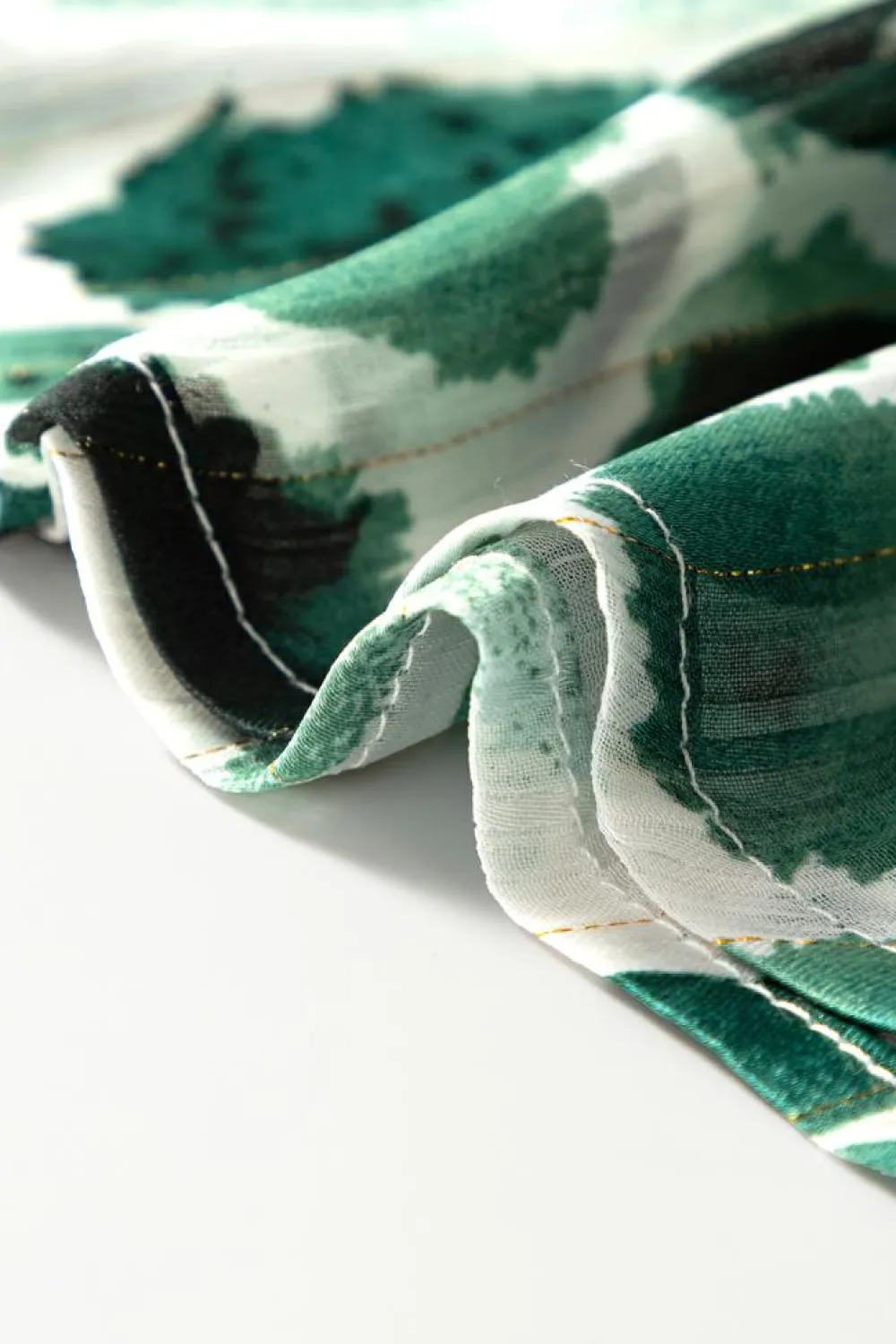 Clearance Dear-Lover Metallic Threading Accents Pleated Abstract Printed Ruffled 3/4 Sleeve Blouse Green