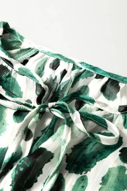 Clearance Dear-Lover Metallic Threading Accents Pleated Abstract Printed Ruffled 3/4 Sleeve Blouse Green