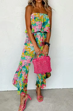 Hot Dear-Lover Mix Tropical Print Strapless Ruffled Jumpsuit Green