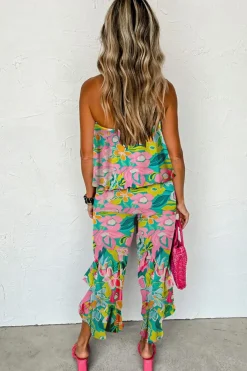 Hot Dear-Lover Mix Tropical Print Strapless Ruffled Jumpsuit Green