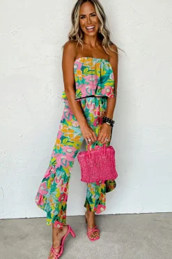 Hot Dear-Lover Mix Tropical Print Strapless Ruffled Jumpsuit Green