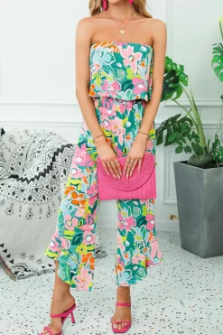 Hot Dear-Lover Mix Tropical Print Strapless Ruffled Jumpsuit Green