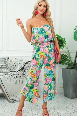 Hot Dear-Lover Mix Tropical Print Strapless Ruffled Jumpsuit Green