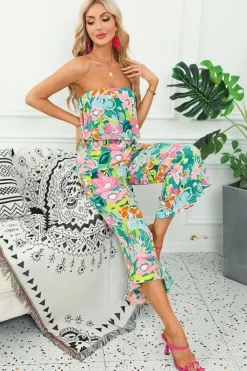 Hot Dear-Lover Mix Tropical Print Strapless Ruffled Jumpsuit Green