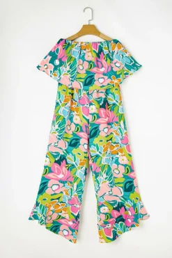 Hot Dear-Lover Mix Tropical Print Strapless Ruffled Jumpsuit Green