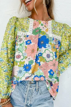 Outlet Dear-Lover Mixed Floral Print Long Sleeve Blouse Green