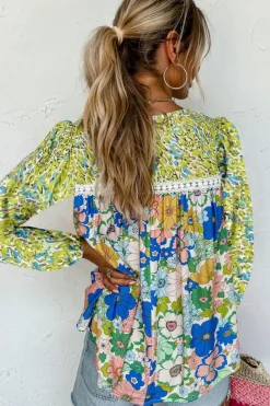 Outlet Dear-Lover Mixed Floral Print Long Sleeve Blouse Green