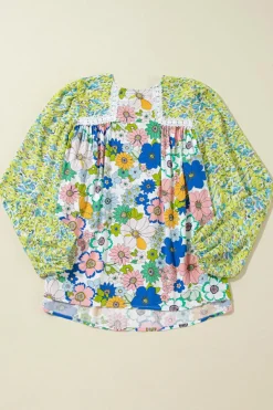 Outlet Dear-Lover Mixed Floral Print Long Sleeve Blouse Green