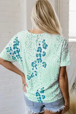 Hot Dear-Lover Mixed Leopard Print V Neck Short Sleeve Blouse Green
