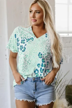 Hot Dear-Lover Mixed Leopard Print V Neck Short Sleeve Blouse Green