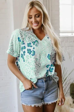 Hot Dear-Lover Mixed Leopard Print V Neck Short Sleeve Blouse Green