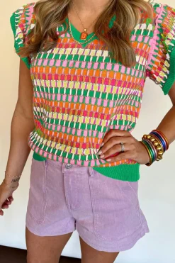 Sale Dear-Lover Multi Flutter Sleeve Knitted Sweater Top Green