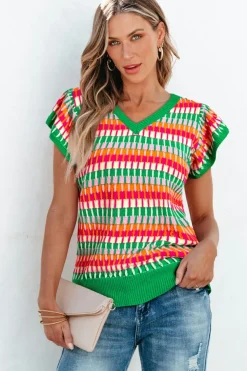 Sale Dear-Lover Multi Flutter Sleeve Knitted Sweater Top Green