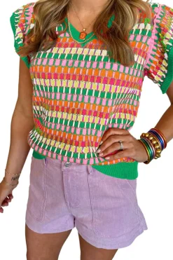 Sale Dear-Lover Multi Flutter Sleeve Knitted Sweater Top Green