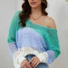 Online Dear-Lover Multicolor Color Block Eyelet Long Sleeve Twisted Back Knit Top Green