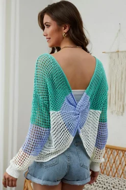 Online Dear-Lover Multicolor Color Block Eyelet Long Sleeve Twisted Back Knit Top Green