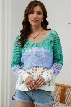 Online Dear-Lover Multicolor Color Block Eyelet Long Sleeve Twisted Back Knit Top Green