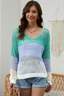 Online Dear-Lover Multicolor Color Block Eyelet Long Sleeve Twisted Back Knit Top Green
