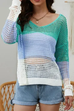 Online Dear-Lover Multicolor Color Block Eyelet Long Sleeve Twisted Back Knit Top Green