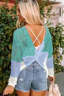 Online Dear-Lover Multicolor Color Block Eyelet Long Sleeve Twisted Back Knit Top Green
