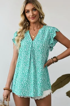 Online Dear-Lover Notched V Neck Leopard Ruffle Short Sleeve Blouse Green