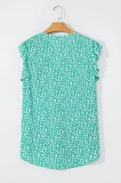 Online Dear-Lover Notched V Neck Leopard Ruffle Short Sleeve Blouse Green