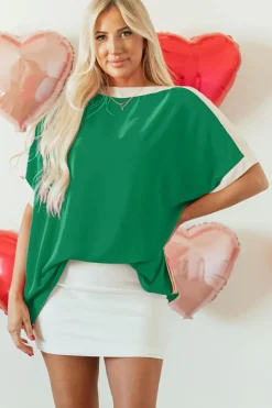 Online Dear-Lover Oversized Color Block Boat Neck Tunic Blouse Green