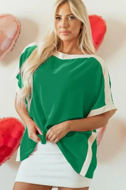 Online Dear-Lover Oversized Color Block Boat Neck Tunic Blouse Green
