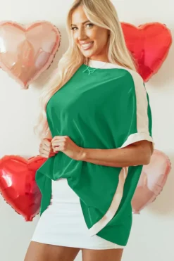 Online Dear-Lover Oversized Color Block Boat Neck Tunic Blouse Green