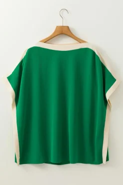 Online Dear-Lover Oversized Color Block Boat Neck Tunic Blouse Green