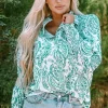 Online Dear-Lover Paisley Print Smocked Cuff Buttoned Loose Shirt Green
